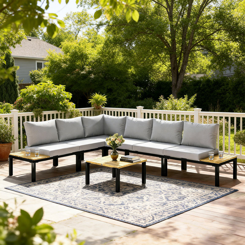Outsunny Modulares 6-teiliges Gartenlounge-Set in Anthrazitgrau mit Couchtisch und Polstern, L-Form Outdoor-Sofa-Set für Terrasse und Garten - Bild 2