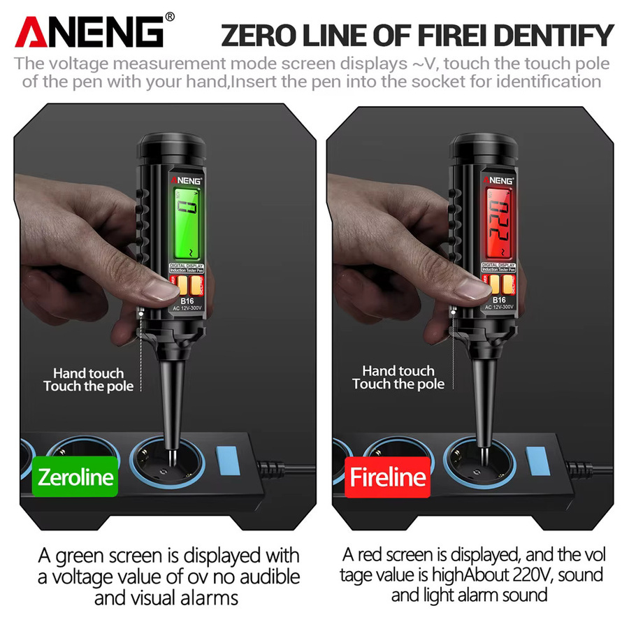 ANENG B16 Digitaltester für AC-Spannung 12V-300V, berührungsloser NCV-Spannungsdetektor mit Ton- und Lichtalarm, Schwarz - Bild 4