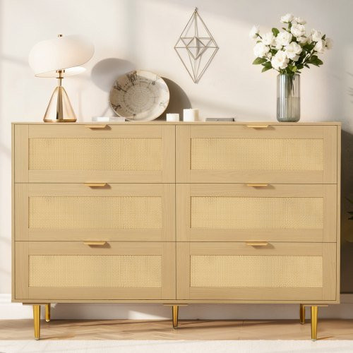 VEVOR Rattankommode mit 6 Schubladen in Beige oder Braun, moderner Aufbewahrungsschrank aus Spanplatte und Kunststoff-Rattan für Schlafzimmer oder Wohnzimmer, B/T/H: 120 x 39,5 x 85,4 cm - Bild 1