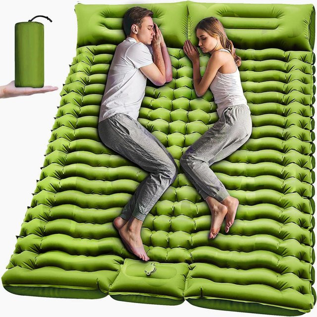 LINGCHEN5 Doppel-Isomatte selbstaufblasend für 2 Personen mit Kissen und Fußpumpe, Grün, B/T/H: 192 x 135 x 9 cm - Bild 1