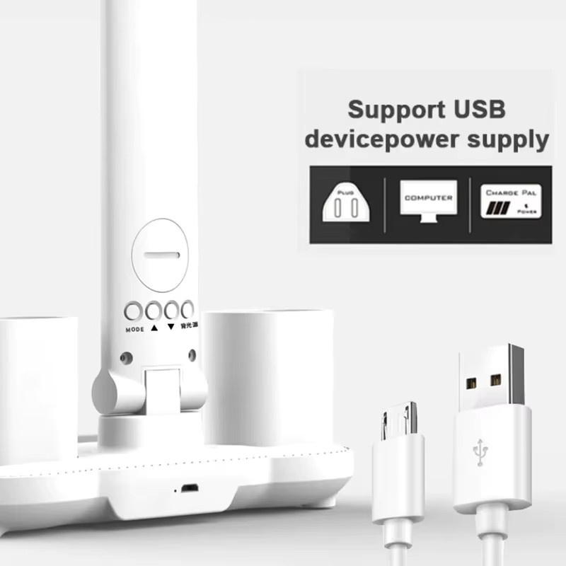 Feimefeiyou LED-Tischlampe mit integrierter Uhr und Ventilator, weiß, faltbare Schreibtischleuchte mit Touch-Steuerung und USB-Ladefunktion für Home Office und Lesen - Bild 2