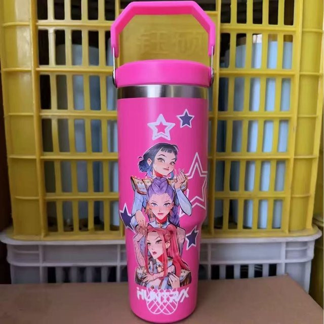 Bingba Isolierbecher aus Edelstahl mit Stroh, tragbarer Vakuum-Autobecher, 900 ml, Rose Rot - Bild 1