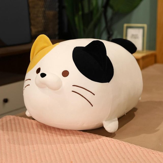 Fette Katze Stofftier Liegend, Plüschtier, 30-35cm, weiß - Bild 1