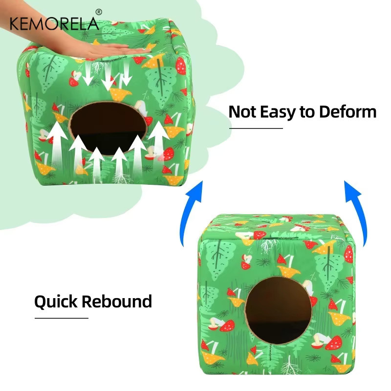 KEMORELA Kleintierbett für Meerschweinchen und Hamster, quadratisches Versteck mit abnehmbarem Bezug, grün floral, Textil - Bild 2