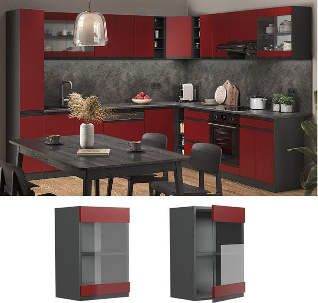 Vicco R-Line J-Shape Glashängeschrank für die Küche in Anthrazit und Rot mit Glasfront, Breite: 40 cm, Höhe: 60 cm, Tiefe: 31 cm - Bild 1