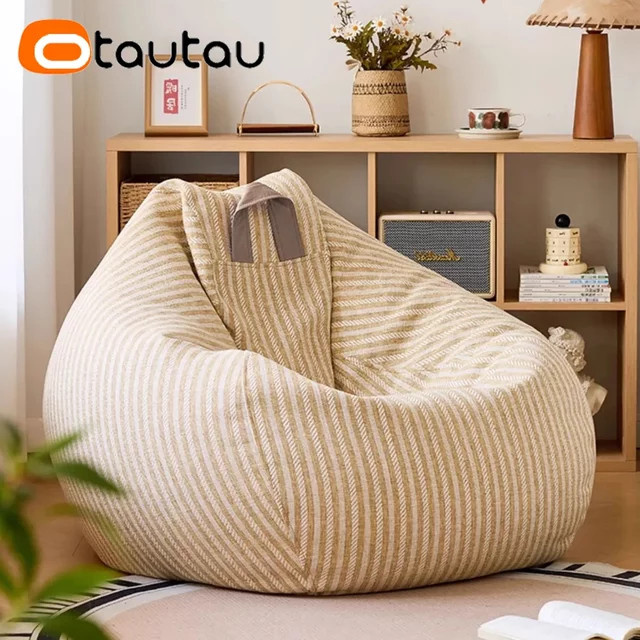 OTAUTAU Sitzsackbezug DD104 aus 100 % Baumwollleinen in Beige und Schwarz gestreift - Bild 1