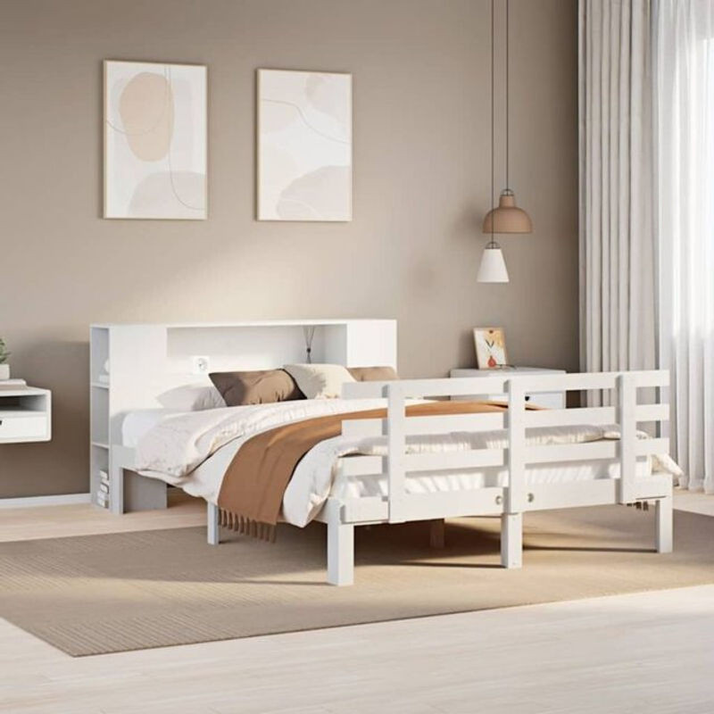 Massivholzbett Vidaxl aus Kiefer mit Regal in Weiß, B/T/H: 135 x 190 x 82 cm - Bild 1