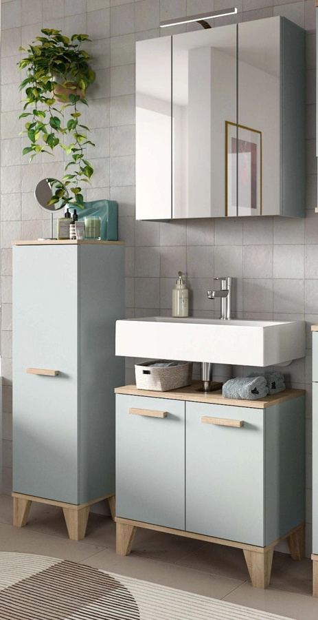 Badmöbel Set Luna von Inn.Furn in Grün und Eiche, 3-teilig, im skandinavischen Design mit LED-Beleuchtung und Spiegelschrank, Breite: 109 cm - Bild 1