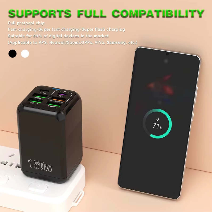 150 W Multi Port USB Schnellladegerät mit 6 Anschlüssen als Wandadapter für iPhone, Samsung und Xiaomi in Schwarz oder Weiß - Bild 2