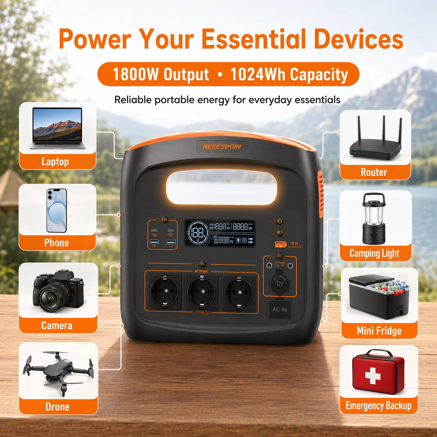 Tragbare Powerstation NECESPOW N1200 in Schwarz mit 1024Wh Kapazität, 1800W Leistung, LiFePO4 Akku, Solargenerator mit UPS-Funktion, 1000W AC, PD100W und LED-Licht für Camping und Notfälle - Bild 5