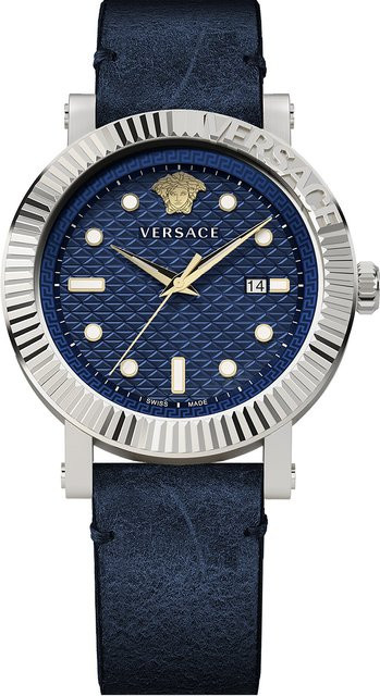 Versace Herrenuhr, Quarz, Edelstahl, Leder, Blau, 42 mm, 5 ATM - Bild 1