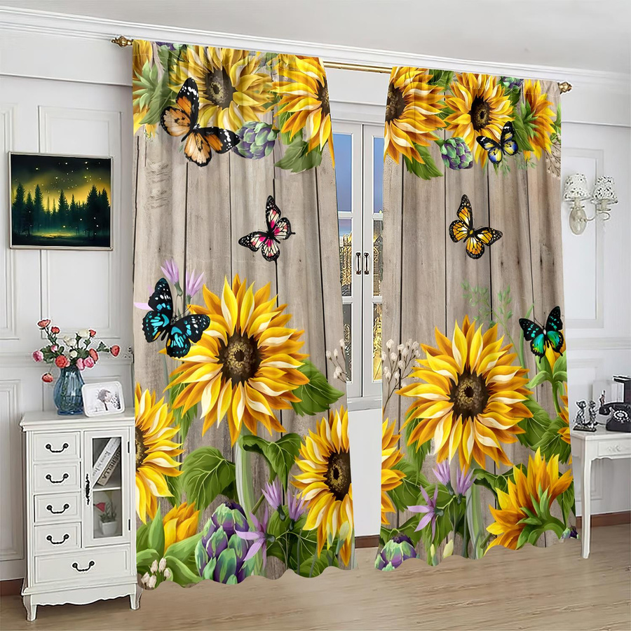 Yiran Furniture Vorhänge mit Sonnenblumendruck, 2er-Set, halbtransparent, Polyester, Mehrfarbig, B: 76,2 cm, H: 165,1 cm - Bild 2