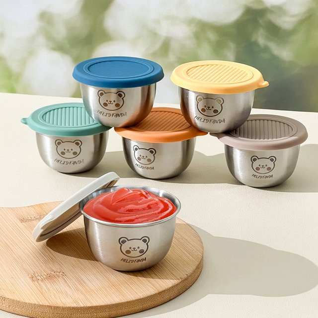 WORTHBUY Saucenschale aus Edelstahl 304 mit Deckel in Silber und Beige, tragbare und versiegelte Dip-Saucenschüssel für Salat, Tomaten und Gewürze - Bild 1