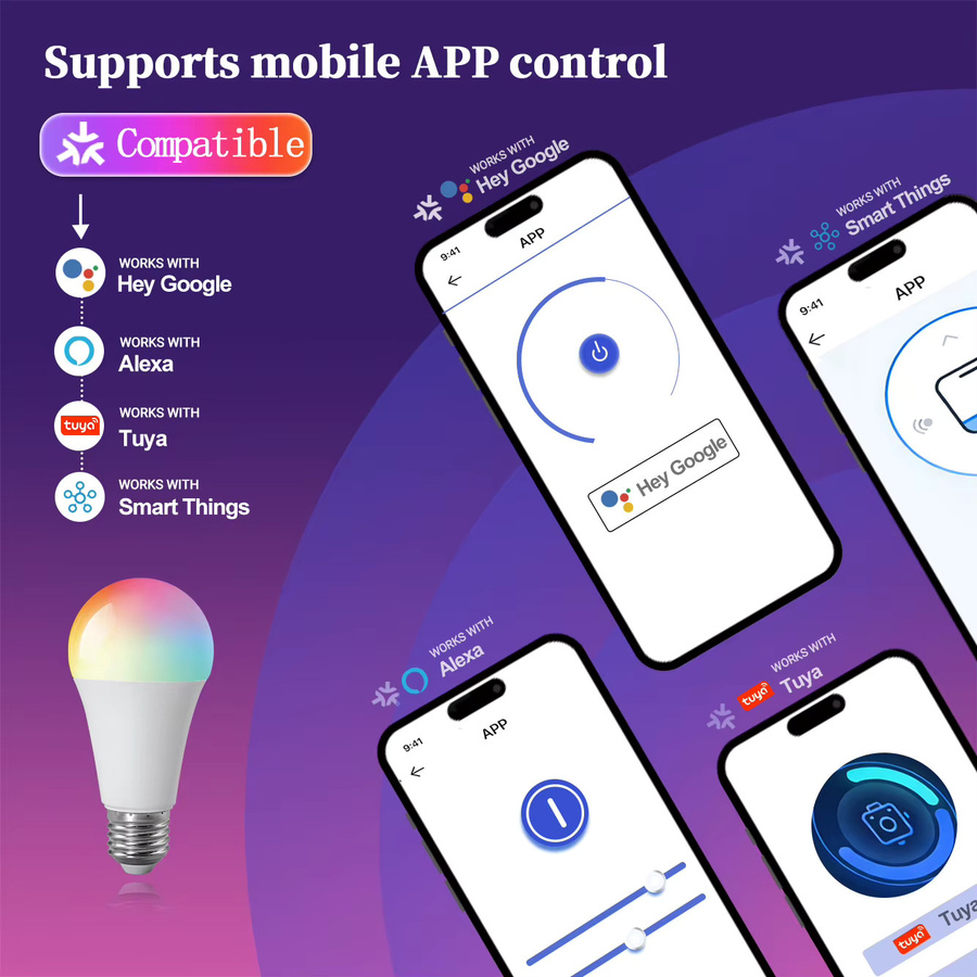 TUYA Smart LED-Glühbirne E27 WiFi RGBCW 10W, dimmbar, Multicolour, App-Steuerung mit Alexa und Google Assistant - Bild 4