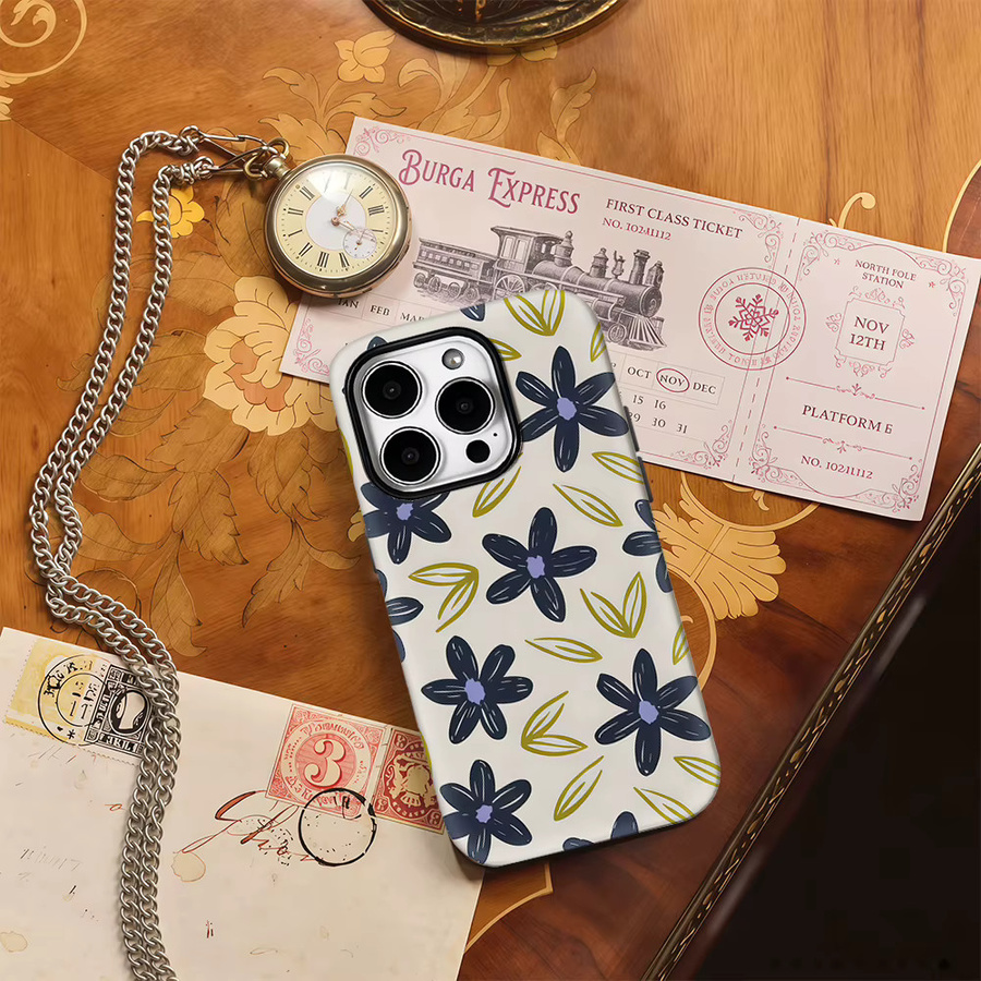 Handyhülle mit marineblauen Blumen und Olivenblättern für iPhone 11 bis iPhone 17 Pro Max Plus, doppellagige Rückseite, Blau/Mehrfarbig - Bild 3
