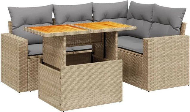 vidaXL 5-tlg Garten-Sofagarnitur in L-Form aus Polyrattan und Akazienholz mit Kissen, Beige - Bild 1
