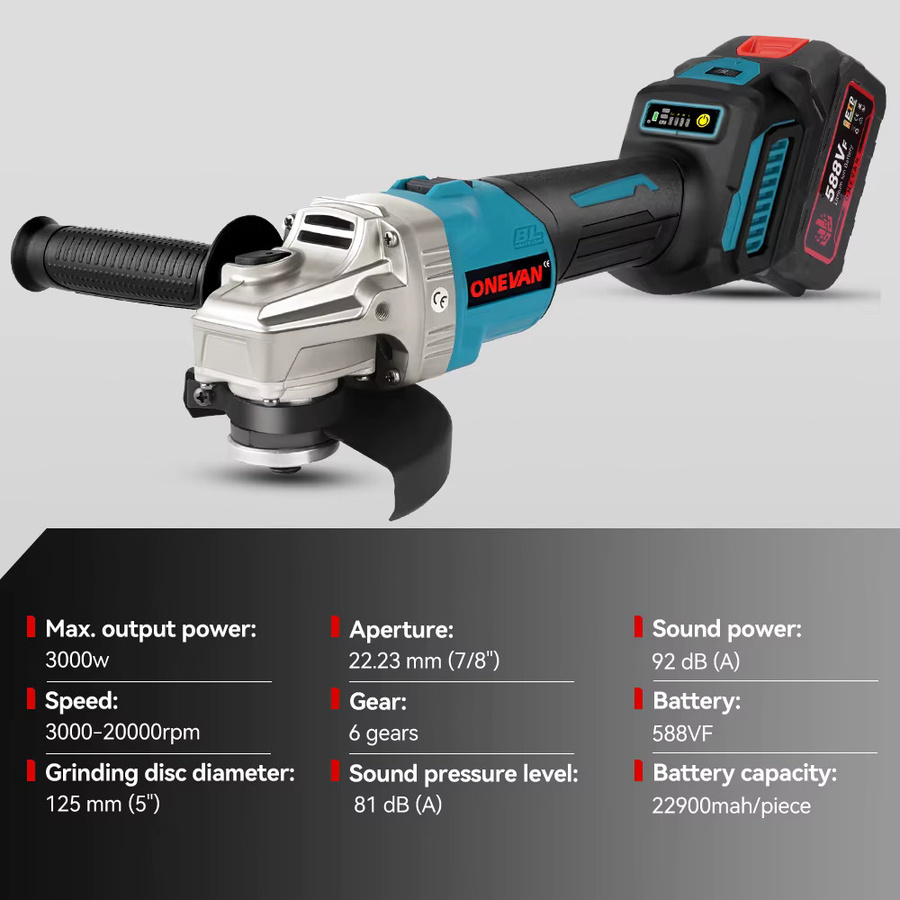ONEVAN Akku-Winkelschleifer 588 VF mit 2000 W und 125 mm Durchmesser, bürstenloser 6-Gang-Polier- und Schneidemaschine für 18 V und 21 V Akkus - Bild 2