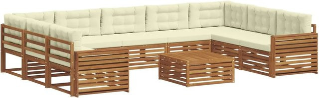 vidaXL Sofagarnitur aus Massivholz Akazie in U-Form, 10-teiliges Set in Natur und Creme mit abnehmbaren Polstern - Bild 1
