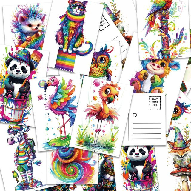 32 Stück Doodle-Tier-Postkarten mit Illustrationen in Mehrfarbig, Hochauflösender Druck auf Papier - Bild 1