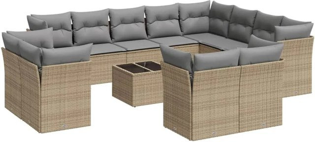 vidaXL 13-teilige Garten-Sofagarnitur in U-Form aus Poly-Rattan in Beige-Grau mit Kissen und Gartentisch - Bild 1