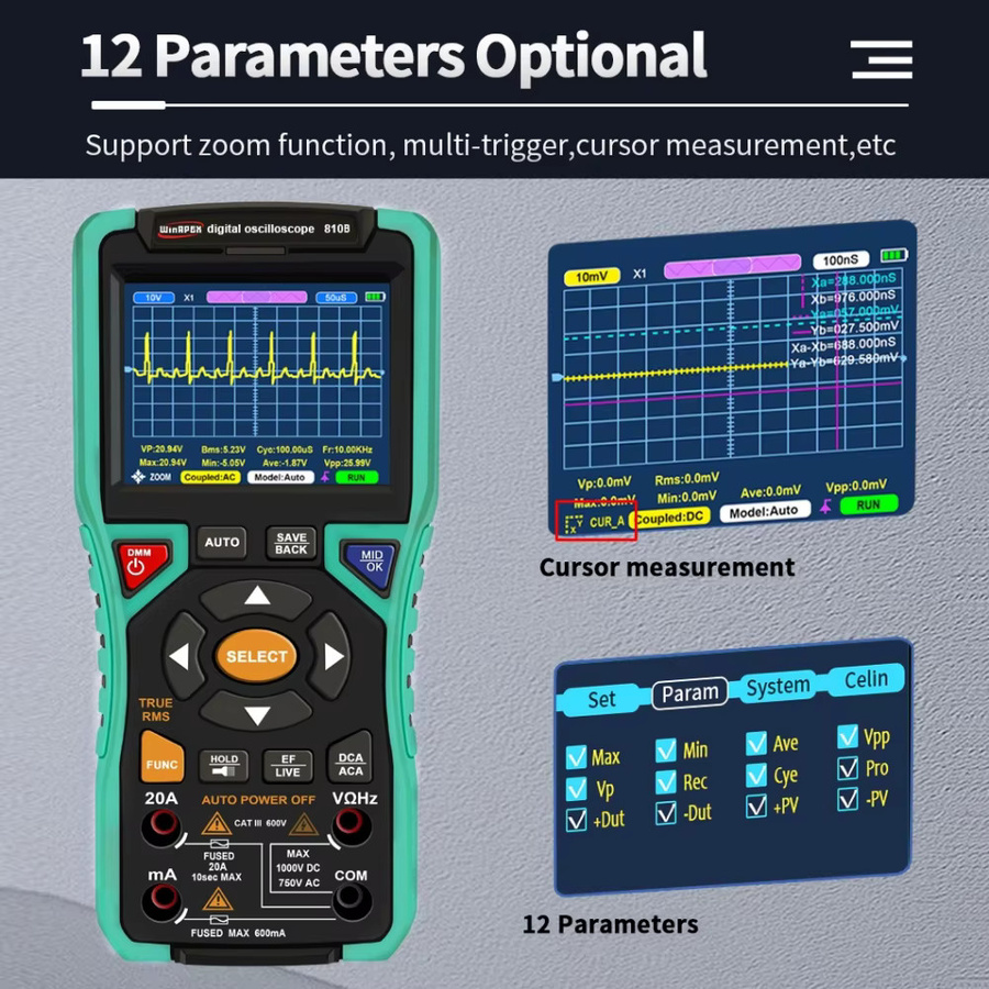 WinAPEX Tragbares Oszilloskop 10 MHz 50 MSa/s mit AC DC Voltmeter und Amperemeter, 9999 Zählender Smart Multimeter bis 400 V - Bild 3