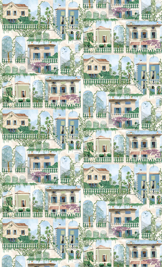 Osborne & Little Tapete Villa Como in Azure grün/blau im Vintage-Stil aus Vlies - Bild 1