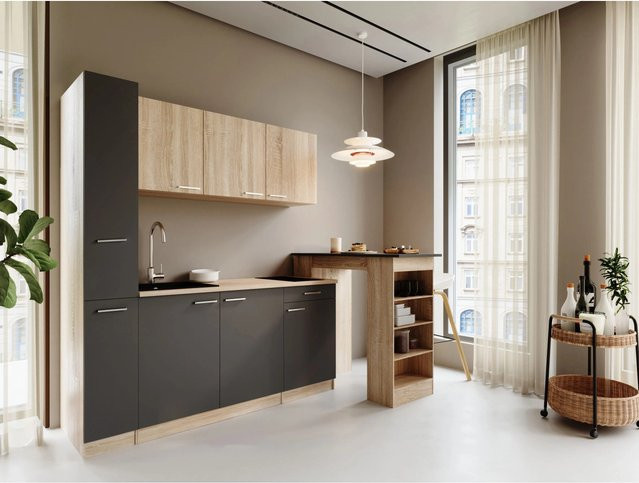 Respekta Ingrid Singleküche in Grau mit Bartisch und Apothekenschrank, moderne Küchenzeile mit Glas und Holzdekor, Breite: 180 cm, Höhe: 200 cm, Tiefe: 60 cm - Bild 1
