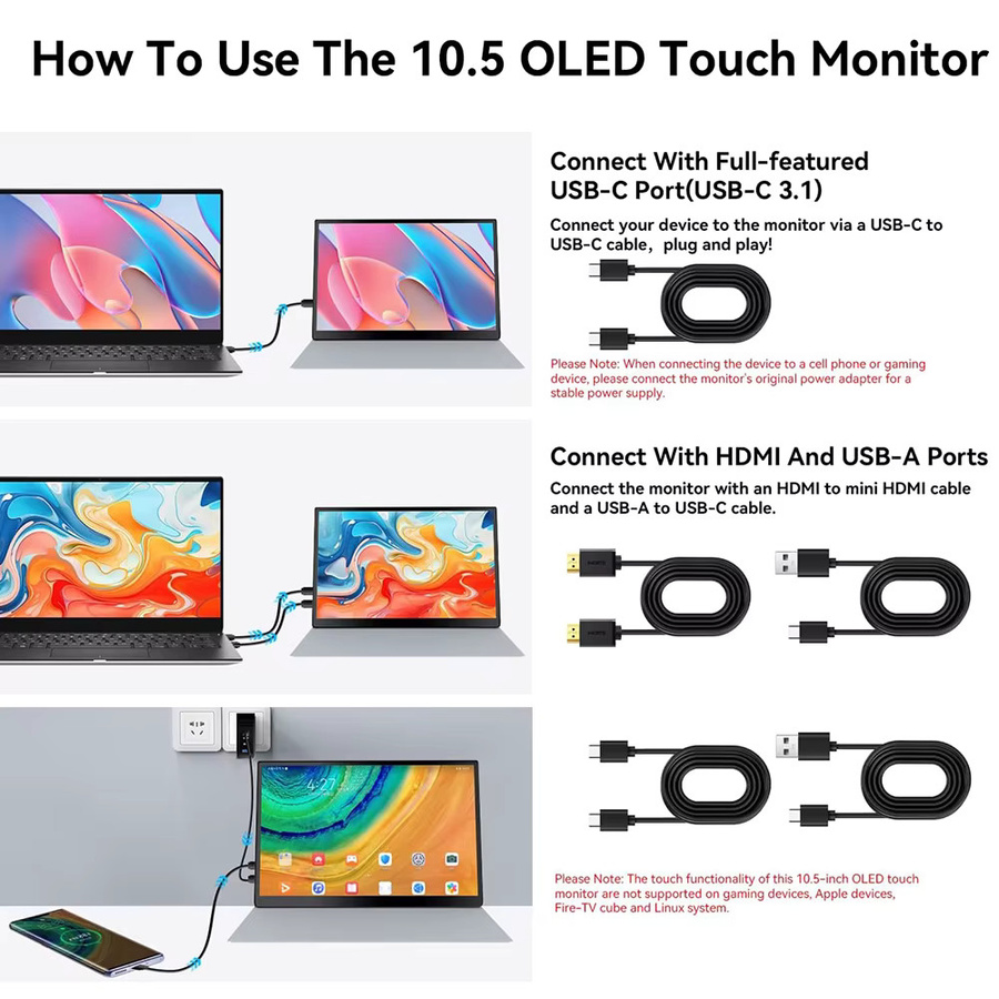 Pisichen OLED 2,5K tragbarer Monitor mit Touchscreen, 10,5 Zoll, QHD, 100 % DCI-P3, Schwarz - Bild 3