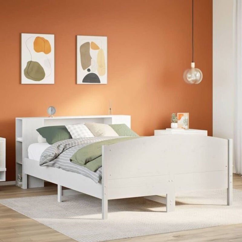 Massivholzbett Vidaxl aus Kiefer mit Regal in Weiß, B/T/H: 140 x 200 cm - Bild 1
