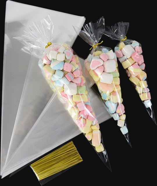 50 Stück Transparente Dreieck Süßigkeiten Taschen aus Kunststoff für Hochzeit Geburtstag und Party als Snack oder Cookie Verpackung - Bild 1