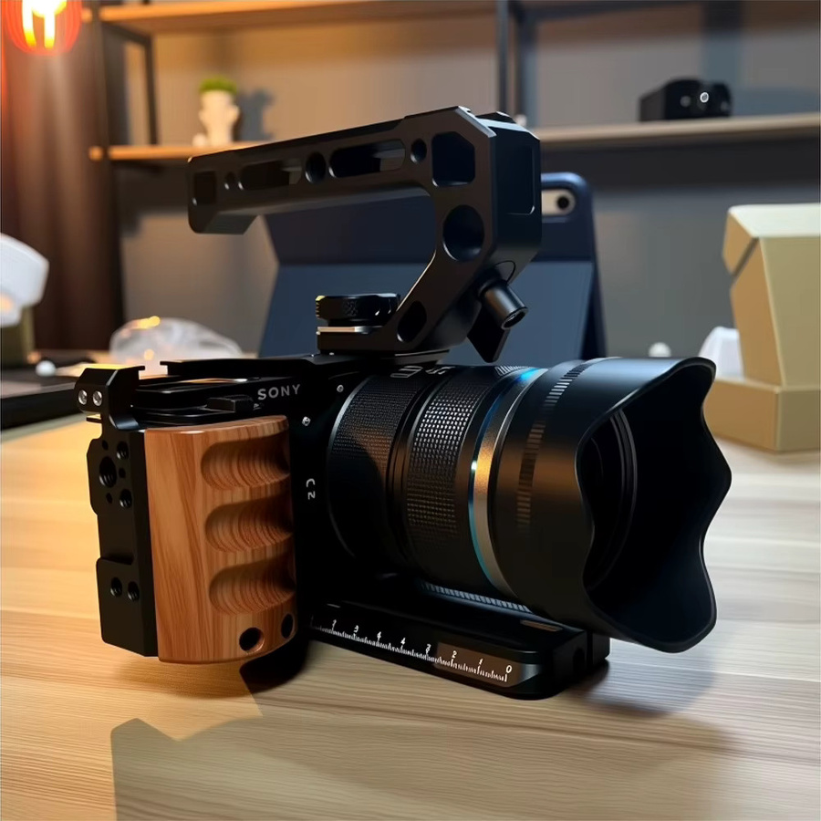 sgrium Kamera-Käfig für Sony ZV-E10 mit Holzgriff und Erweiterungshalterung für LED und Mikrofon in Schwarz - Bild 2
