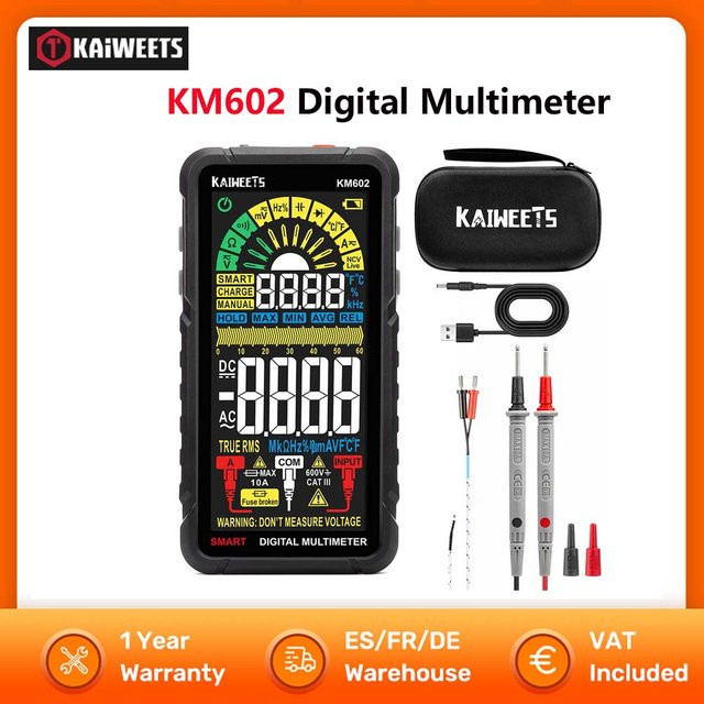 KAIWEETS KM602 Digitalmultimeter True-RMS-Messgerät mit 6000 Counts, Smart/Manual Mode, wiederaufladbarem 1200 mAh Akku und Taschenlampe, Schwarz - Bild 1
