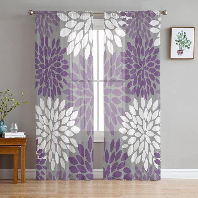 A Family Of Home Textiles Transparentes Tüll-Fensterdekoration mit Dahlien-Blumenmuster in Gelb, Breite: 135 cm, Höhe: 183 cm - Bild 1