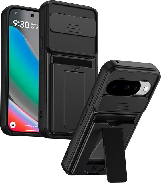 Stoßfeste Handyhülle mit Kameraschutz, Kartenfach und Standfunktion für Google Pixel 10 Pro, Pixel 11 Pro und Pixel 11 Pro XL in Schwarz - Bild 1