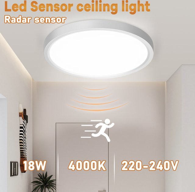 Oraymin LED-Deckenleuchte mit Bewegungssensor, runde Ultraflache Lampe in Weiß, 18W, 4000K Kaltweiß, Durchmesser: 23 cm - Bild 1