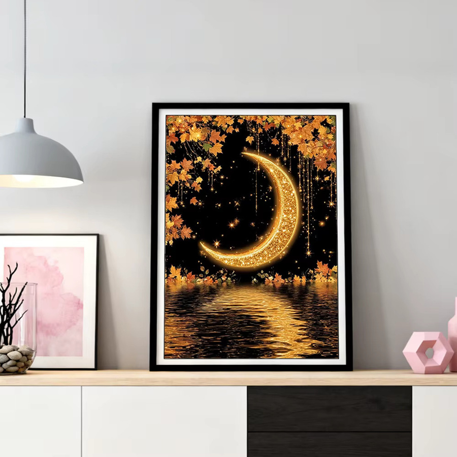 HUACAN Diamant-Kunst-Gemälde Mondlandschaft mit See und Fluss in Gold, abstrakte Stickerei als Heimdekoration für dein Wohnzimmer - Bild 3