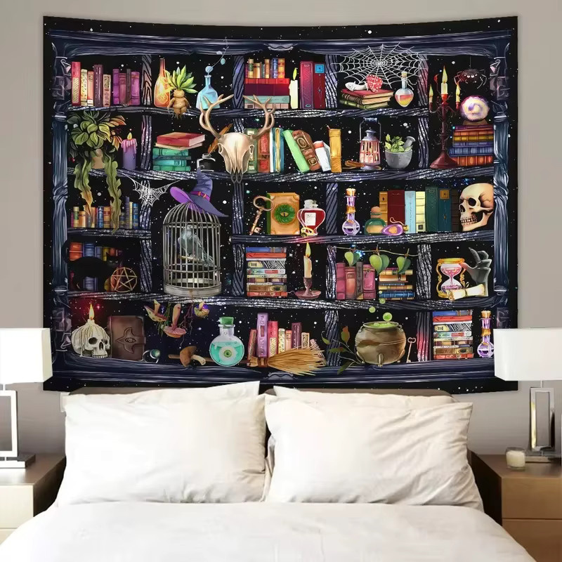 VIKAMA Wandteppich Hexen-Bücherregal im Gothic Dark Academia Stil, Mehrfarbiger Wandbehang mit okkultem Design für dein Schlafzimmer, B x H: 60 x 40 cm - Bild 3