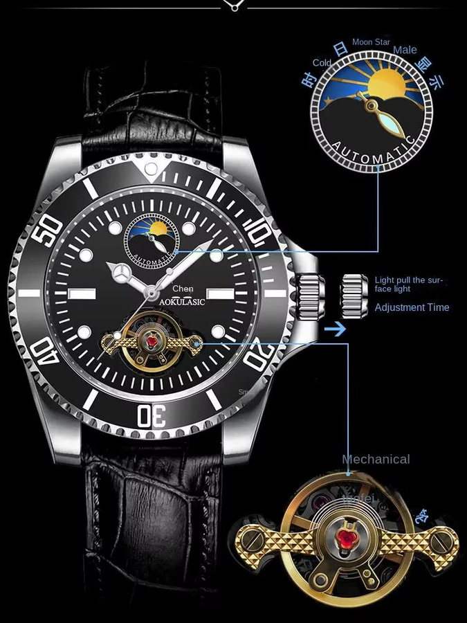 AOKULASIC Armbanduhr, Automatik, Skelett, Edelstahl, Leder, Herren - Bild 5