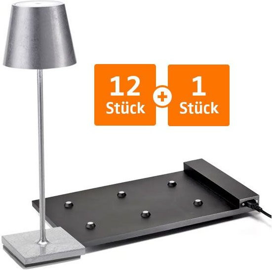 Zafferano Poldina Pro LED-Akkuleuchten Set mit 12 Stück und 1 Multikontakt-Ladestation in Blattsilber, dimmbar, IP65 wetterfest, für Garten und Terrasse - Bild 1