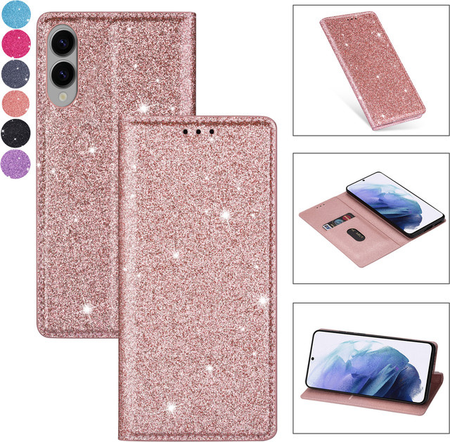Glitzer Lederhülle für Samsung Galaxy S25 S26 S24 S23 FE S22 S21 Ultra Plus A37 A57 A07 A17 A06 A16 A36 A56 A26 Flip Cover in Grau und Pink - Bild 1