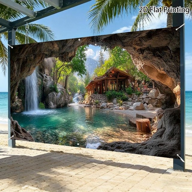 Wandteppich Tropische Höhle mit Wasserfall und Strandhütte im Boho-Stil, Landschaft Wandbehang von JMG Household Supplies, Mehrfarbig, Breite: 150 cm, Höhe: 200 cm - Bild 1