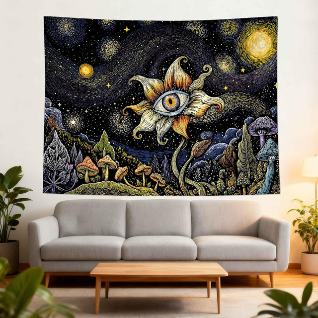 VIKAMA Wandteppich mit kosmischer Pilz-Landschaft und botanischer Sternennacht in Multicolour - Bild 1