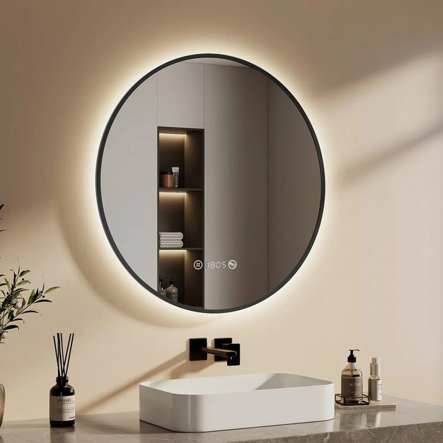Emke Rund LED Badspiegel Schwarz mit Beleuchtung, Uhr, Temperaturanzeige und Antibeschlagfunktion, Dimmbar, Neutrales Licht, Durchmesser: 80 cm - Bild 1