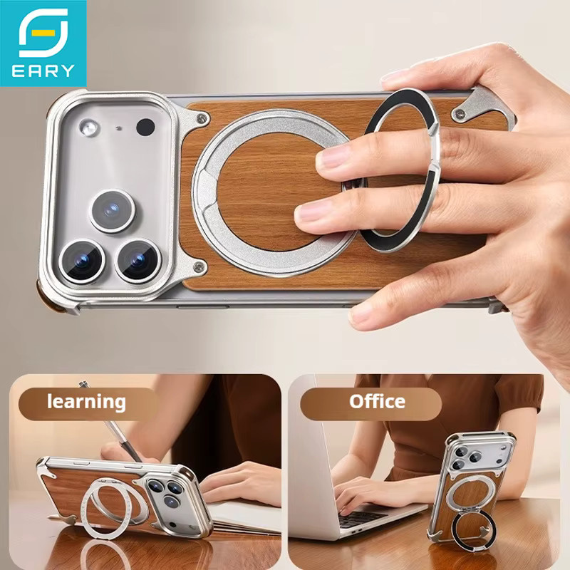 Eary Magnetische Holzhülle für iPhone 17 Pro Max Air mit 360 Grad drehbarem Ständer aus massivem Aluminiumholz in Braun und Orange - Bild 2