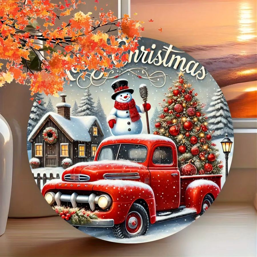 Rustikales Frohe Weihnachten Wandschild von Potdemiel aus Metall und Eisen mit Schneemann und rotem LKW, Durchmesser: 20,3 cm - Bild 3