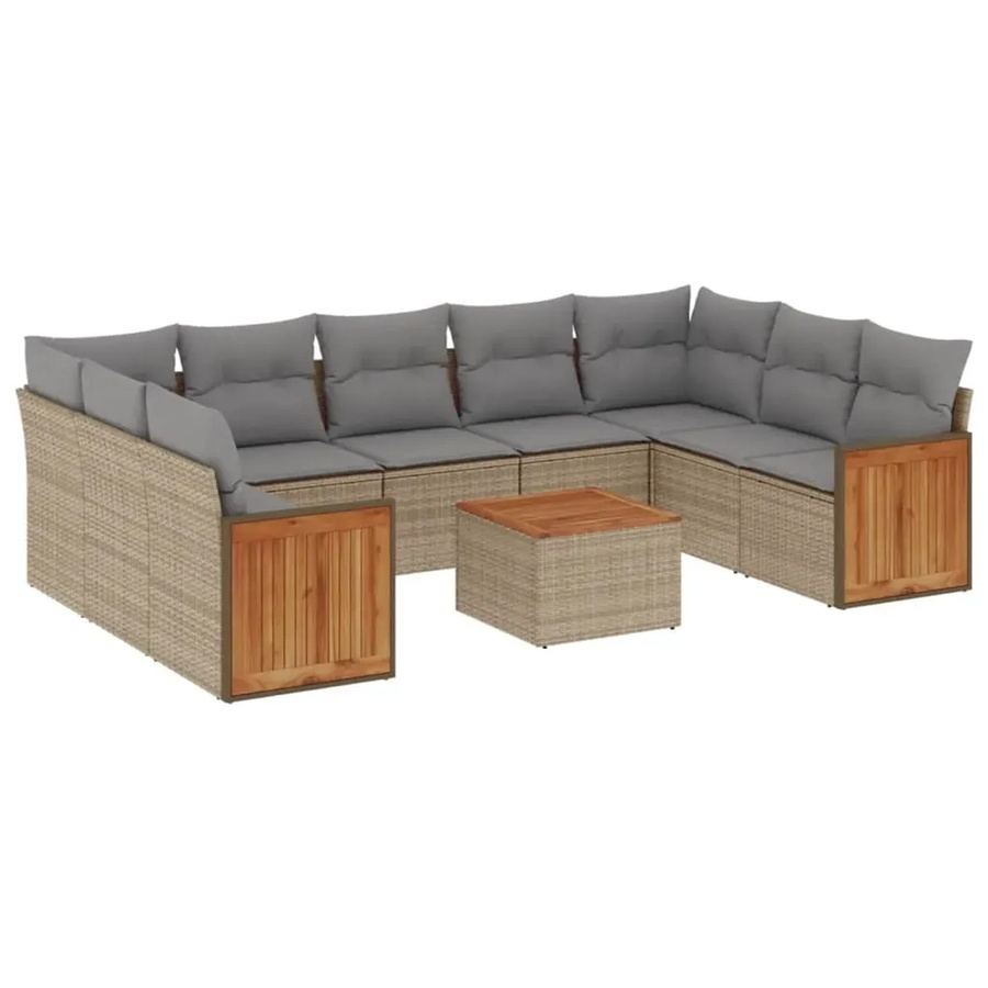 vidaXL 10-tlg. Garten-Sofagarnitur in L-Form aus Polyrattan und Akazienholz mit Kissen in Beige - Bild 2
