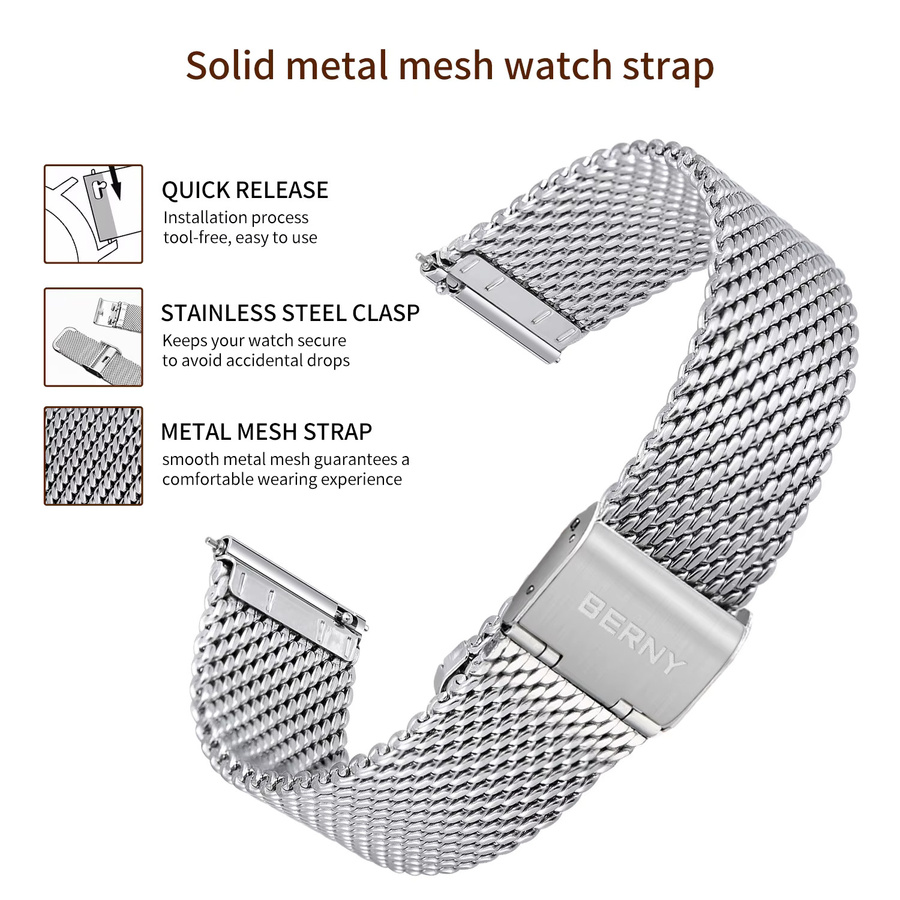 BERNY Uhrenarmband Edelstahl, Mesh, Silber, Unisex, 18/20/22/24 mm - Bild 2