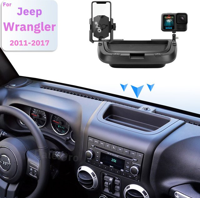 DaleiPro Doppel-Handyhalterung für Jeep Wrangler JK 2011-2017 mit 360-Grad Verstellbarkeit und doppelschichtiger Aufbewahrungsbox, Schwarz - Bild 1