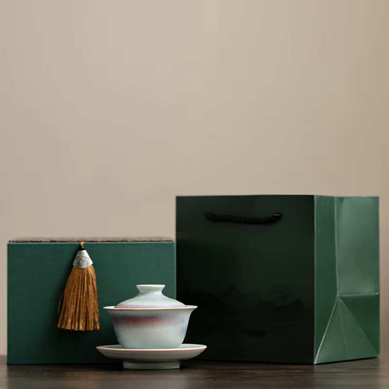 Traditionelle Sancai Gaiwan Teeschale aus Keramik mit Rot-Blau-Glasur, 150 ml - Bild 4