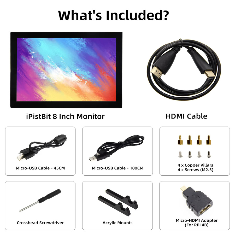 iPistBit 8 Zoll tragbarer HDMI-Monitor mit kapazitivem IPS-Touchscreen in Schwarz, Auflösung 1280 x 800, passend für Raspberry Pi 5/4/3/2/Zero/B - Bild 6